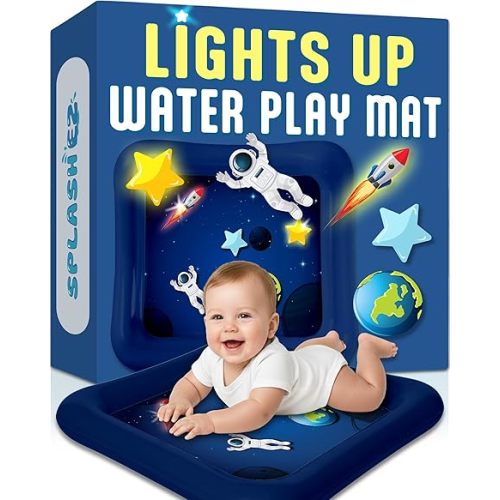 SplashEZ Lights Up Tummy Time Water Mat for Babies, Large Baby Water Mat Tummy Time for Sensory Play with LED Glowing Fishes, Inflatable Fun Play Pad for Infants & Toddlers 3 to 36 mo