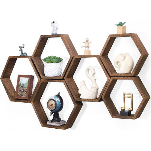 BTY Hexagon Floating Shelves Set of 6 Honeycomb Shelves for Wall Wood Farmhouse Storage Home Decor Shelf Wall Mounted Wooden for Bedroom Living Room Nursery, Rustic Brown