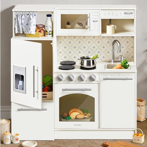 Tiny Land Play Kitchen for Kids, Upgraded Wooden Kitchen Toy with Complete Play Areas, Pretend Cooking Set with Sink, Stove, Microwave, Toy Coffee Station & Storage for Kids Ages 3+