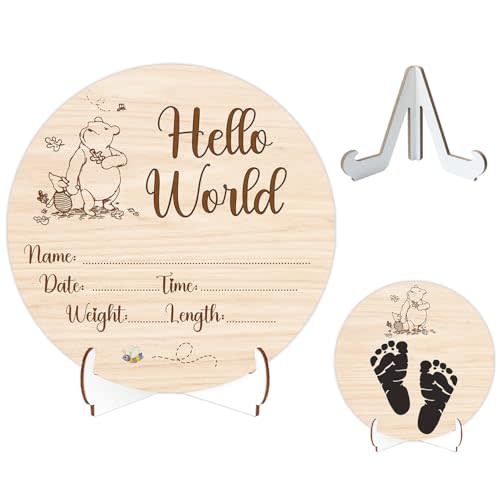 Winnie Baby Wooden Newborn Birth Sign, Winnie Hello World Newborn Signs, Babies Name Plaques Photography Prop, The Pooh Baby Announcement Sign, Pooh Double Sided Hello World for New Mom Babies Decor