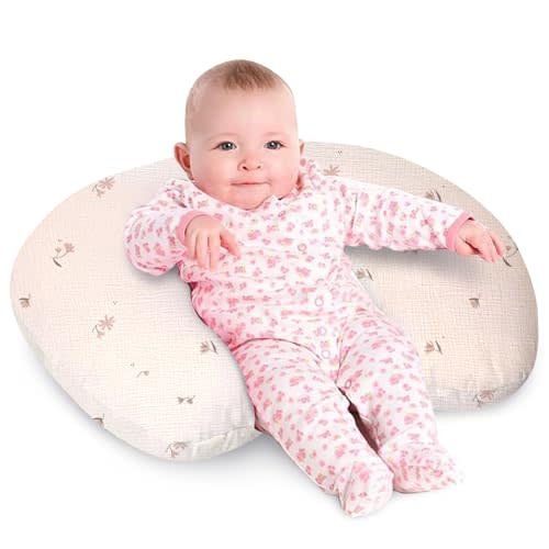 Little Grape Land Nursing Pillow, Soft 100% Cotton Breastfeeding Pillow with Breathable Muslin Cotton Removable Cover, Fog Flower Breast Feeding Pillows for Babies 0-12 Months with Protective Zipper
