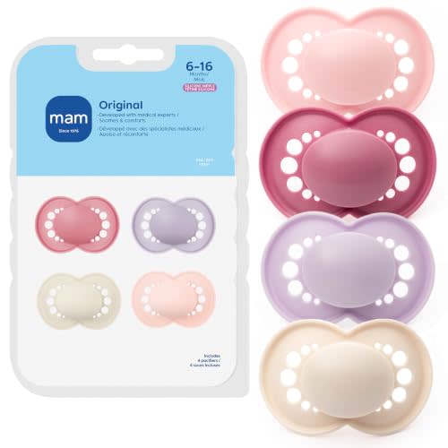 MAM Original Baby Pacifier 6-16 Mths, Skin Soft Silicone Nipple, 4 Pack | BPA-Free Skin Soft Silicone Nipple, Developed With Medical Experts, Easy Clean, Made In Europe