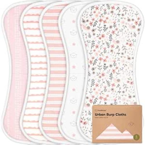 Organic Burp Cloths Baby Boy & Girl - 5-Pack Super Absorbent Cotton Burping Cloths for Babies, Soft & Plush Newborn Spit Up Rags, Infant Towels for Milk Spit Up, Unisex, Large 21" x 10" (Sweet Charm)