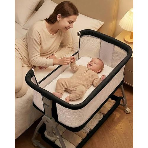 Luvkixen Baby Bassinet Bedside Sleeper with Wheels, 3-in-1 Portable Bedside Crib for Newborn, Adjustable Height Co-Sleeper with Breathable Mesh & Mattress, Modern Design, Black