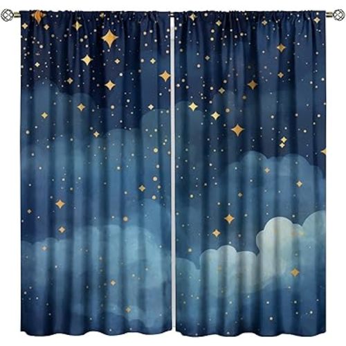 Djaby Night Sky Stars Curtain for Kids, Blue Starry Space Galaxy Pattern Window Treatments for Boys Girls Bedroom Toddlers Room Living Room Decor 42" W X 45" L