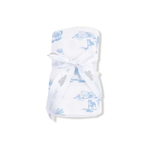 Farm Toile Blue Ribbed Modal Swaddle Blanket - Threadfare Children's Boutique