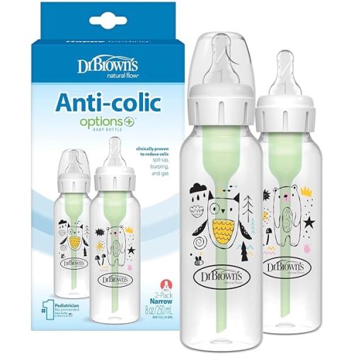 Dr. Brown’s Natural Flow® Anti-Colic Options+™ Narrow Baby Bottle, 8 oz/250 ml, Bear and Owl, 2 pack