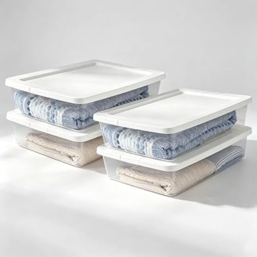 28 Quart Clear Plastic Storage Bins with White Snap-On Lids,4-Pack Stackable Under Bed Containers for Closet and Dorm Room Organization