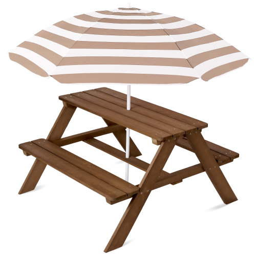 Best Choice Products Kids Wooden Picnic Table, Outdoor Activity Table w/ Adjustable Umbrella, Seats - Walnut/Beige