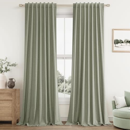 Sage Green 100% Blackout Linen Curtains 84 Inch Length 2 Panels Set for Living Room Bedroom Back Tab Thermal Insulated Black Out Drapes Room Darkening Farmhouse Style for Bedroom Window Curtains