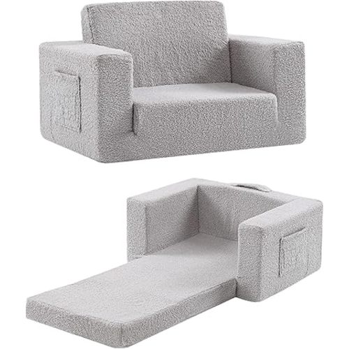 Toddler Chair Sherpa Kids Couch, 2-in-1 Toddler Soft Sofa Toddler Lounger Chair for Bedroom, Convertible Child Sofa for Girls and Boys, Kids Reading Couch for Playroom, Pet, Grey