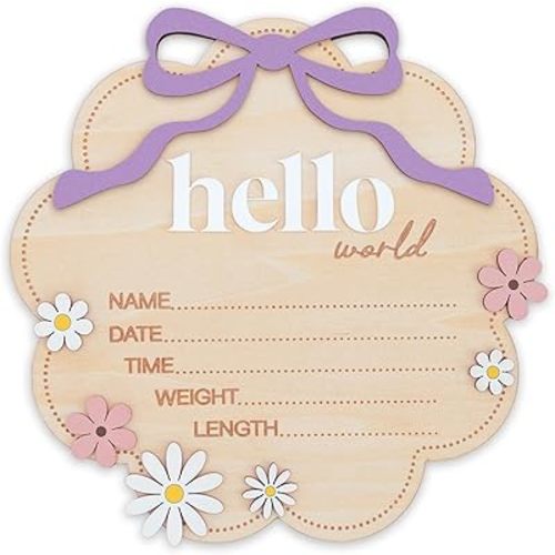 Hello World Wooden Baby Birth Announcement Sign with Pink Bow, Cloud Shape Floral Newborn Name Date Time Weight Length Board, Baby Girl Nursery Photo Prop (Purple)
