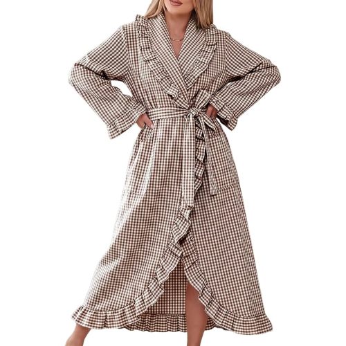Gihuo Cotton Robes for Women Gingham Long Sleeve Ruffle Trim Bathrobe | Womens Robes Lightweight, Summer Robe, Plaid Bathrobe, Loungewear Sleepwear, Checkered Ruffle Housecoat