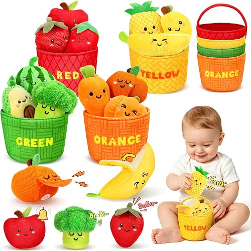 Baby Toys 0-6 6-12 Months, 16 Pcs Color Sorting Fruit Vegetable Montessori Toys for 1 Year Old, Plush Play Food with Rattle, Squeaker and Crinkle, Sensory Toys for Girl Boy Shower Gifts
