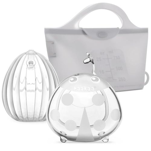 haakaa Milk Collector Set - 75ml Shell Pump, 75ml Milk Collector & 750ml Steriliser Bag - Hands-Free Wearable Breast Pump, Passive Silicone Milk Catcher for Breastfeeding Mom