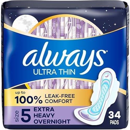 Always Ultra Thin Feminine Pads with Wings for Women, Size 5, Extra Heavy Overnight Absorbency, Unscented, Up to 100% Leak-Free Comfort, 34 Count