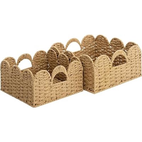 StorageWorks Scalloped Wicker Basket, Woven Baskets for Storage, Rattan Baskets with Handles, Paper Rope Basket for Organizing and Decor, 2 Pack