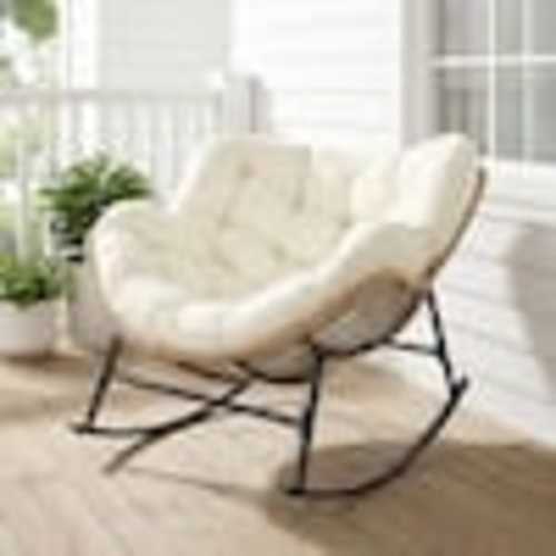 FINCATI Oversized Beige PE Wicker Outdoor Rocking Chair Papasan Chair with Beige Cushion HD-RC-BE-NRT-1036
