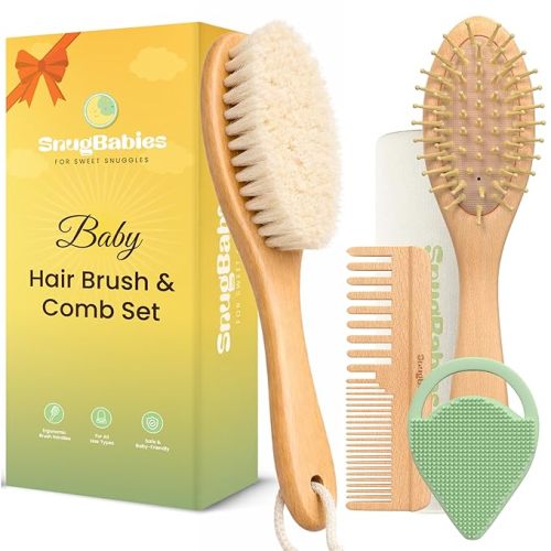 Baby Hair Brush & Comb Set for Newborns - Gentle Goat-Hair & Bamboo Bristle Hairbrushes with Easy Grip Wooden Handles - 5-Pack Baby Brush Set with a Cotton Travel Pouch - Gifts for Boys & Girls