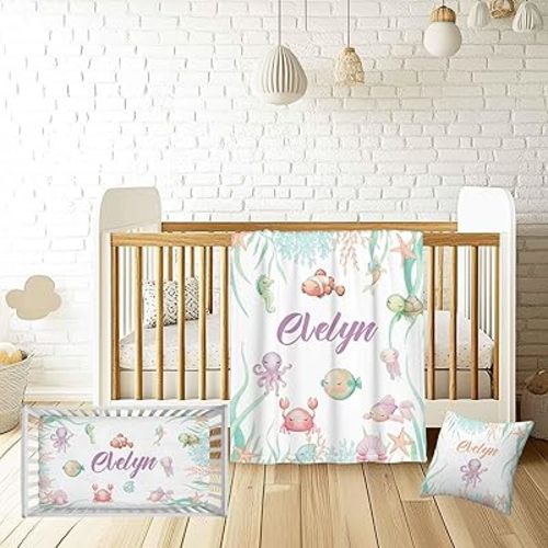Custom Name Baby Girl Bedding Set, Personalized Ocean Animals 3-Piece Crib Nursery Bedding, Blanket, Fitted Crib Sheet & Pillowcase – Shower Gift, Nursery Room Decor for Newborn Infant Toddler