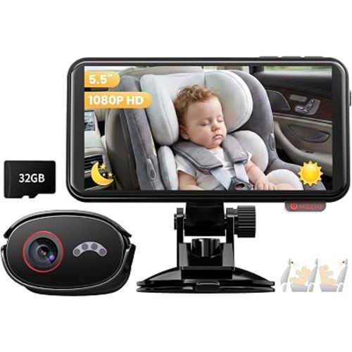 AKEEYO Baby Car Monitor, 5.5'' 1080P HD Touchscreen, 122° IR Night Vision Camera, Voice Control, App View, Back Seat Child Reminder Anti-Heatstroke, Parking Mode, 3 Mounts for Windshield/Vent/Headrest