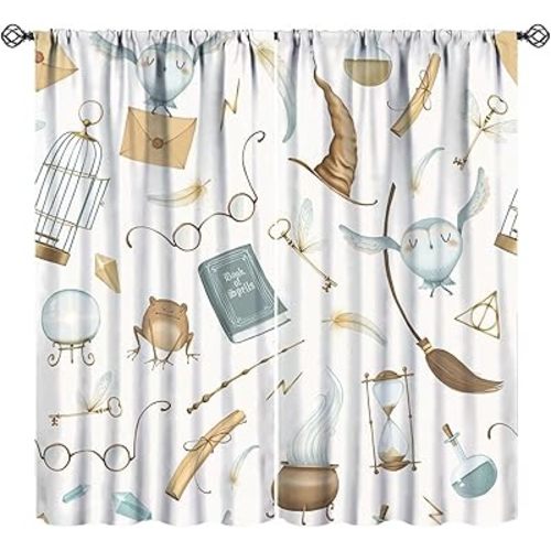 Kids Witchy Magical Blackout Curtains,Cute Book Hat Wizard Mysterious Owl Magical Pattern Drapes Window 2 Panel Rod Pocket Curtain for Girls Boys Bedroom Living Room Decor 21" W X 45" L