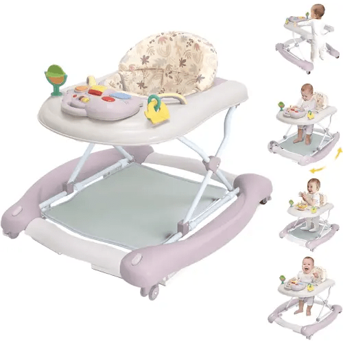 5 in 1 Foldable Baby Walker,Activity Baby Walker-Baby Bouncer,Rocker,Activity Center,Seat and Push Walker,Detachable Footrest Mat,Adjustable Speed Rear Wheels and Height,Ages 6-18 Months (Purple)