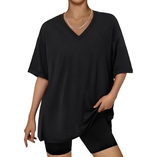 Trendy Queen Oversized Tshirts for Women Workout Plus Size Tops V Neck Short Sleeve Gym Shirts Casual Loose Fit Basic Tees