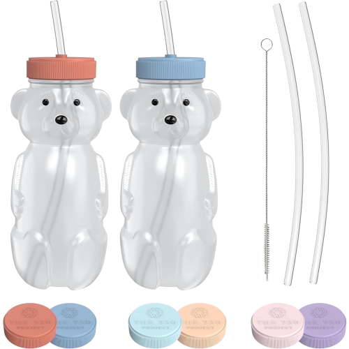 The 730 Project Honey Bear Transition First Straw Cup for Toddlers, 8 oz, Therapy Baby Bottle, Red/Blue, 2 Pack