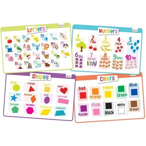 Merka 4 Pack Educational Placemat for Kids & Toddlers, Reusable, Washable Mat with Secure Grip Back for Dining Table, Learning Letters, Numbers, Shapes, Colors,17 x 11 inches