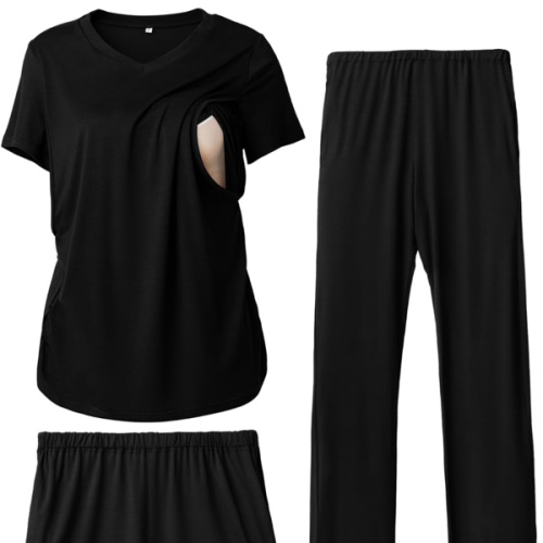 3 Piece Women's Maternity Nursing Pajamas Set V Neck Breastfeeding Pjs Sleepwear Postpartum Shorts&Pants Pockets