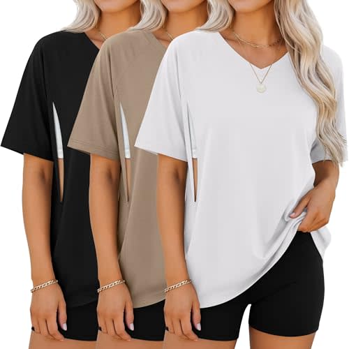 3 Pack Women's Oversized Nursing Shirts with Hidden Zip Breastfeeding Tops Short Sleeve Raglan Maternity Clothes