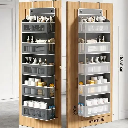 No-Drill Over-The-Door Room Organizer - 5-Tier Household Fabric Storage Bag with 2 Heavy-Duty Metal Hooks, 600D Oxford Fabric, Mesh Design, Water Proof, 15in Width, 44lbs Capacity, Easy Installation for Dormitory Cosmetics,Towels - TikTok Shop