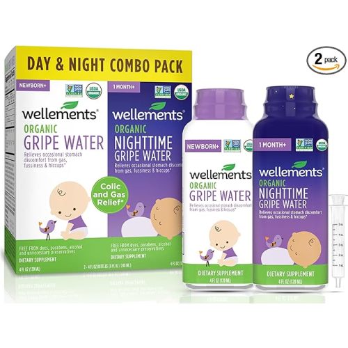 Wellements Organic Gripe Water for Babies Day & Night Combo Pack (4 Fl Oz) - Infant Gripe Water Newborn Calms Occasional Stomach Discomfort from Baby Gas, Colic, Hiccups & Fussiness - USDA Certified