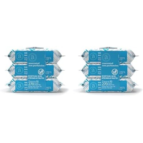 Amazon Elements Baby Wipes, Unscented, Hypoallergenic, Alcohol-Free, With Aloe and Vitamin E, 270 Count, Flip-Top Packs (Pack of 2)