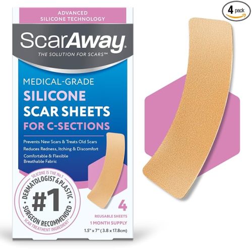 ScarAway Advanced Silicone Scar Sheets for C-Section, Reusable Strips (1.5” x 7”) for Hypertrophic and Keloid Scars from C-Section & Other Surgeries, 4 Sheets