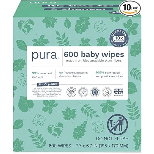 Pura Natural Sensitive Baby Wipes, 99% Water, Unscented & Hypoallergenic, Suitable for Sensitive & Eczema-prone Skin, Hypoallergenic, EWG Verified, 10 Pack of 60 Wet Wipes (600 Diaper Wipes) Bulk Buy