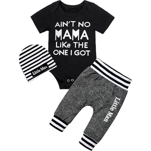 Fommy Newborn Baby Boy Clothes New to The Crew Letter Print Romper+ Pants+Hat 3PCS Outfit