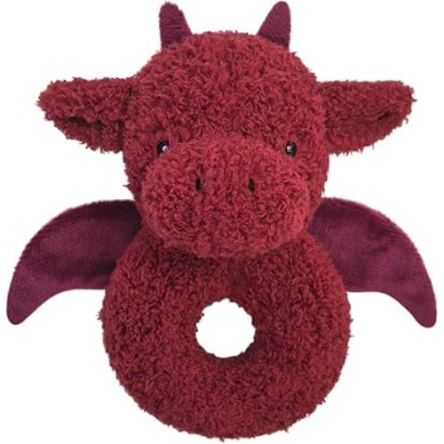 Baby Dragon Soft Rattle Toy, Plush Dinosaur Infant Shaker Rattle Easy-Grasp Stuffed Animal Toy, Gifts for Newborns Babies Toddlers Boys Girls, Wine Red, 6 Inches