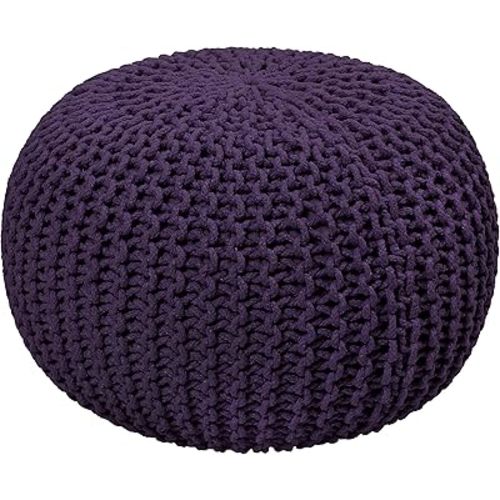 COTTON CRAFT Round Dori Pouf - Cotton Braid Cord Cable Knitted Ottoman - Foot Stool - Footrest - Floor Pouf - Woven Ottoman - Bean Bag - Living Room Dorm - 20 inches Diameter x 14 Height - Deep Plum