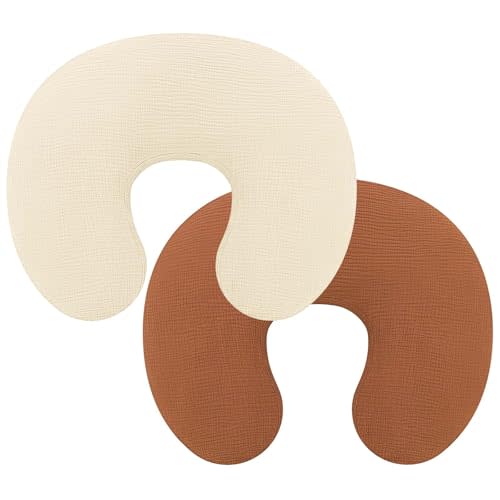 Pro Goleem Muslin Nursing Pillow Cover, 100% Cotton Soft Breathable Feeding Pillow Slipcover for Breastfeeding Moms, Fits Standard Infant Nursing Pillow, for Boys and Girls, 2 Pack (Brown＆Beige)