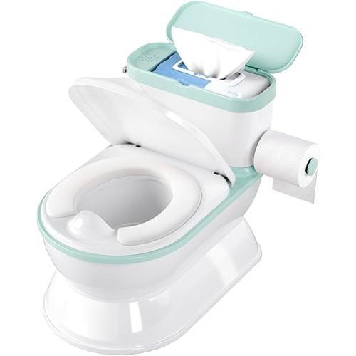 CheerTry 2-in-1 Toddler Potty Training Toilet - Larger Potty Chair & Detachable Training Seat for Boys & Girls Ages 1-3 with Flushing Sound, Wipes Storage, Toilet Paper Holder - Cyan