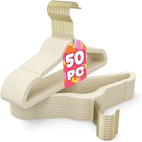 Korpai 50 Pack Baby Velvet Hangers 11 Inch,Non-Slip,Ultra Slim,Space-Saving Baby Hangers with 360° Swivel Hook, 7LBS Capacity,Baby Clothes Hangers Ideal for Baby Romper/Dresses/Shirts/Coats/, Beige