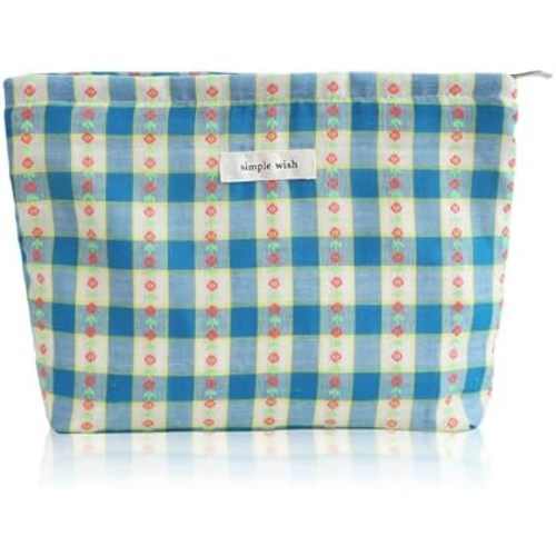 Wudygirl Cute Makeup Bag Large Capacity Cosmetic Bag Aesthetic Floral Makeup Pouch for Women Makeup Organizer Pencil Pouch Portable Toiletry Bag Zipper (Blue Floral)