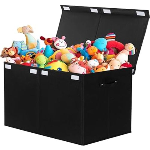 122L Large Toy Box Chest with Lid, Foldable Toy Storage Organizer Bin Boxes with Removable Divider for Kids, Boys, Girls, Nursery, Playroom, 26"x17" x17"(Linen Black)