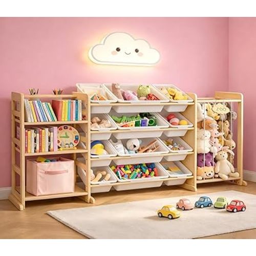 65" Large Toy Storage Organizer with Bins Shelves & Stuffed Animal Storage for Kids Wood Toddler Playroom Organization with Bookshelf Toys Box Wooden Organizers for Kids Room Nursery Bedroom
