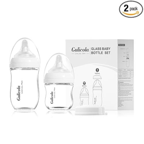 Gulicola Natural Glass Baby Bottle Newborn Set, 3 oz and 5 oz with Extra Slow Flow & Slow Flow Nipple, Anti Colic, 0-3 Months, 2 Pack - White