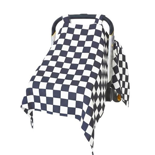 Muslin Baby Carseat Cover - Black & White Checkered Infant Carrier Canopy, Soft & Breathable Car Seat Cover for Babies, Lightweight Sunshade for Summer, Universal Fit for Boys & Girls