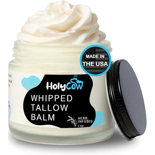HolyCow Beef Tallow For Skin - Whipped Tallow Balm with Organic Jojoba Oil (Unscented/Herb-Infused), Grass Fed Beef Tallow Face Moisturizer for Eczema, Baby, Lip Balm - Lotion For Extremely Dry Skin