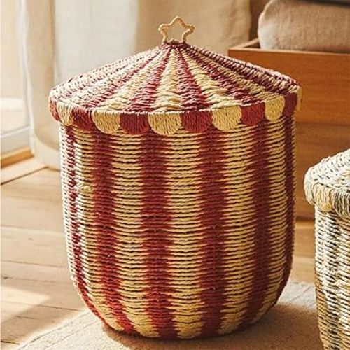 (Small) Handwoven Storage Basket with Lid and Star Handle - Large Woven Rope Organizer for Living Room Decor, Kids Toys, Blankets & Laundry, Natural Decorative Basket for Bedroom, Nursery (red,12.6 * 14.6in)